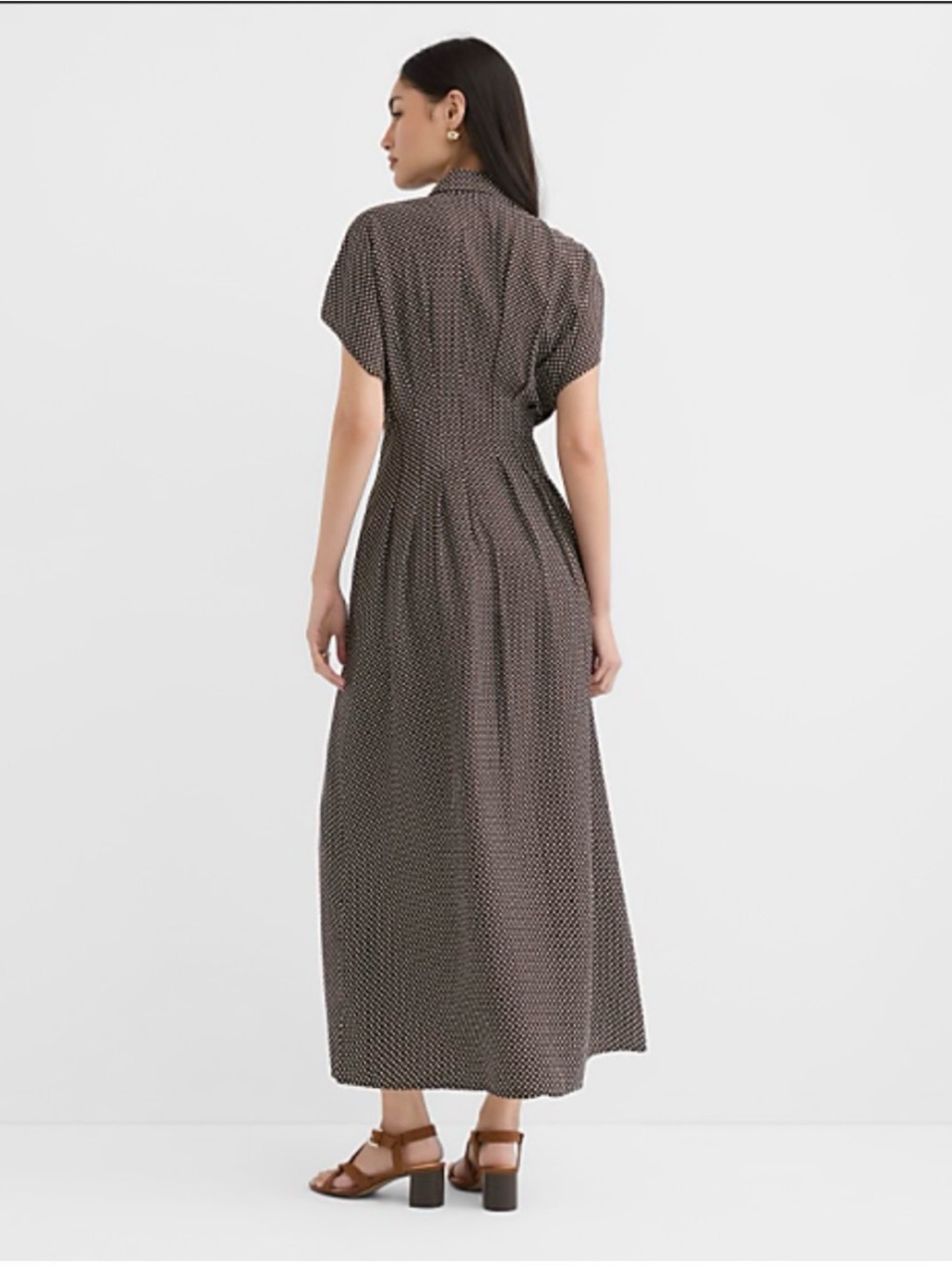 Pindot Pleated Midi Pocket Shirtdress Brown & White Large - Picture 2 of 5